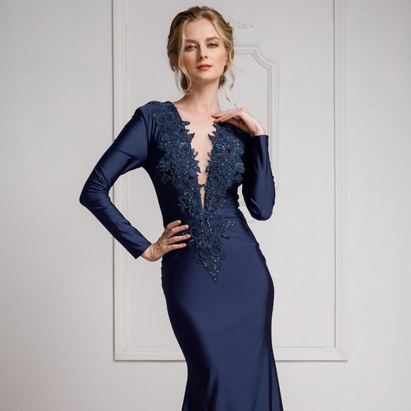NEW FLOOR LENGTH DRESS WITH LONG SLEEVES & EMBROIDERED PLUNGING NECKLINE AC 382